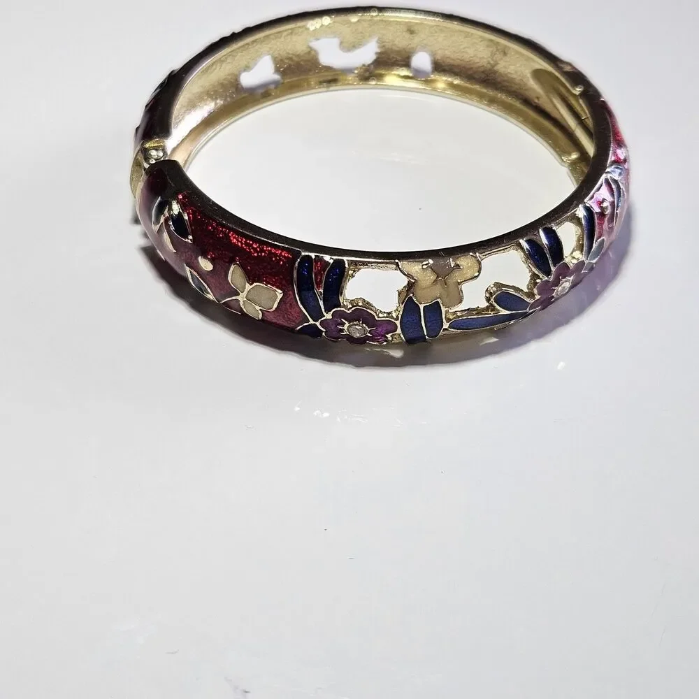 *Sale* Jiu Long Xing Gold Tone Red Blue Cloisonne Flower Hinged Bracelet 7.5" - Picture 9 of 14